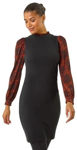 Roman Geometric Contrast Knit Dress for Women UK - Ladies Autumn Everyday Winter Holiday Knee Length Comfy Long Sleeve Soft Round Neckline Frock Work Dinner Gowns - Rust - Size 14 Orange