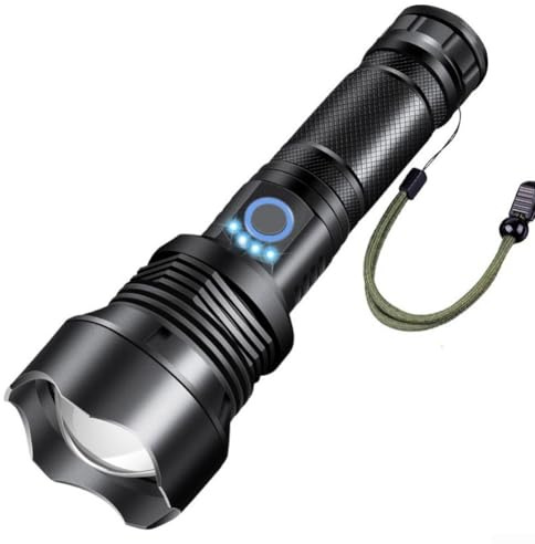 Linterna LED XHP70 de alto lúmenes, recargable por USB, con indicador de batería, potente luz de búsqueda de haz con zoom, aleación de aluminio portátil (E)