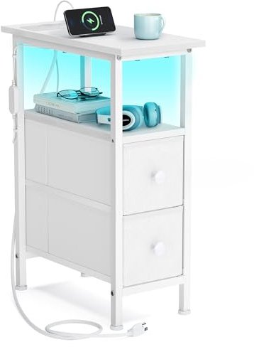 SONGMICS Nachttisch mit Steckdosen und USB, 2 Stoffschubladen | Schmaler Beistelltisch mit LED Beleuchtung, 21,6 x 46 x 60,4 cm, Wolkenweiß und Schneeweiss, BELLAH Kollektion LGS002W102