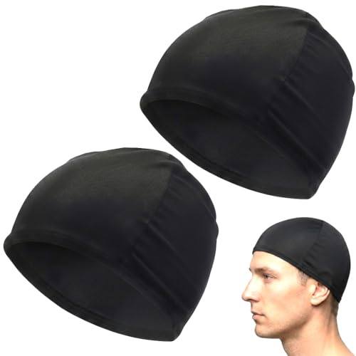 Gorro de Piscina, Tela Flexible 2 Piezas Nado Ajuste Secado Rápido Negro | Gorros de Natación Elástica, Gorro de Piscina de Tela, Cabello Largo y Cabello Corto, , Lavado Sencillo, Borde Suave