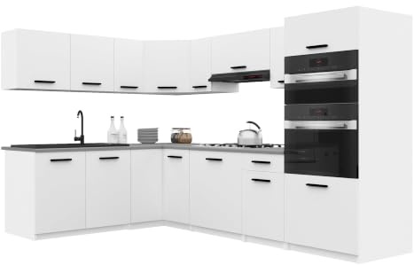 Belini Italia 8 Eckküche Küchenblock 420cm Weiß Matt | Küchenset als Eckküche, weiße Korpusse, DECOR ECONATURA Material, kratzfest, ohne Elektrogeräte, mit Arbeitsplatte