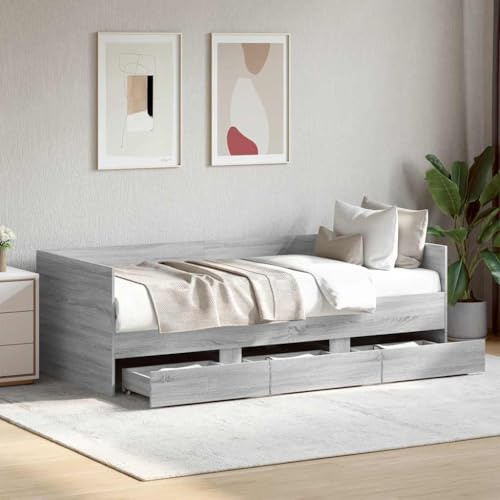 YNGBHFNOP Tagesbett mit Schubladen ohne Matratze Grau Sonoma 90x200 cm 2-in-1 Gästebett Schlafsofa als Sofa und Bett ausziehbar Stauraumbett Holzwerkstoff für Wohnzimmer Schlafzimmer