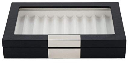 TIMELYBUYS 10 Piece Black Ebony Wood Pen Display Case Storage and Fountain Pen Collector Large Organizer Box with Glass Window Display Case