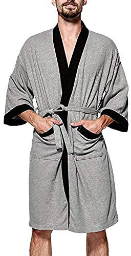 Karl Aiken Bademantel für Herren, Baumwolle, Frottee, mit Kapuze, weich, lang Gr. L, grau/schwarz