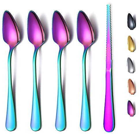 Ensemble de 5 Cuillères à Pamplemousse Arc En Ciel, 4 Cuillères à Pamplemousse En Acier Inoxydable et 1 Couteau à Pamplemousse, Ensemble D'ustensiles de Pamplemousse, Cuillère à Bords Dentelés