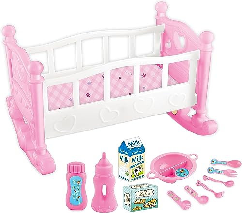Pink Baby Dolls Rocking Cradle Crib Cot Bed Girls Toy with Accessories