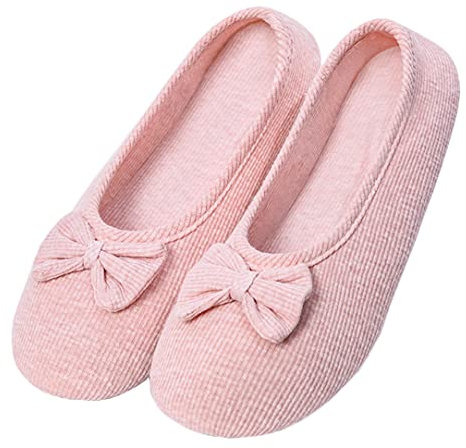 Damen Mädchen Baumwolle Geschlossene Hausschuhe Weicher Ballerina Slippers mit Süßer Schleife Indoor Gemütlich Warme Slippers Leicht Hausschuhe für Schlafzimmer Wohnzimmer Büro (M, 39/40, Rosa)