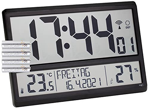 TFA Dostmann XL Wanduhr digital, 60.4520, mit Temperatur und Luftfeuchtigkeit, Wochentag (8 Sprachen), Funkuhr, gut ablesbar, groß, (L) 360 x (B) 235 x (H) 28 (84) mm (schwarz mit Batterien)