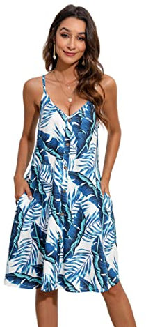 Enmain Abito Estivo da Donna Casual Floreale Cinturino per Spaghetti Senza Maniche Abiti Estivi Vestito Scollo a V con Tasche per Spiaggia Hawaii L