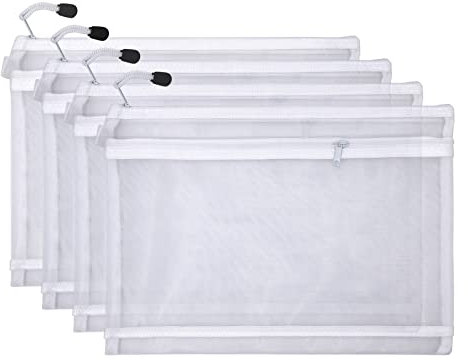 scicent 4 Pcs Mesh Zipper Pouch File Folders Clear Nylon Document Zip Lock Storage Bags Cosmetic Makeup Bag Organizer for School Office Household Stationery Travel Supplies, A4, White