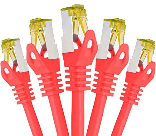 BIGtec LAN Kabel 5 Stück 5m Netzwerkkabel CAT7 Ethernet Internet Patchkabel CAT.7 rot Gigabit doppelt geschirmt Netzwerke Router Switch 2 x Stecker RJ45 kompatibel zu CAT.5 CAT.6 CAT.6a CAT.8