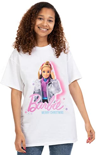 Barbie Womens T-Shirt in White | Merry Christmas Graphic Tee for Adults | Merry Christmas Holiday Short Sleeve Seasonal Lightweight Top | Winter Festive Fun Merchandise Gift for Her