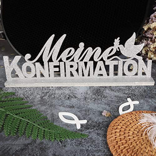 COLOFALLA Tischdeko Konfirmation 30x10cm Holz Silber Glitzer Schriftzug Meine Konfirmation Holzdeko Aufsteller Taube Konfirmation Deko für Mädchen Junge Dekoration
