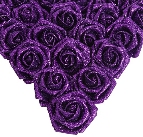 IPOPU Glitter Roses, 25pcs Foam Glitter Roses Glitter Flowers Foam Rose with Stem for DIY Wedding Bridal Bouquet Home Party Decoration(Purple)
