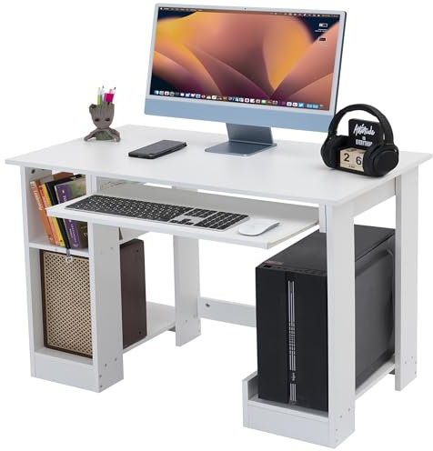 Computer Desk, Small Office Desk and Workstations Home Office Desk Study Gaming Table with Sliding Keyboard Desks for Bedroom office furniture, White 90L x 55D x 75H cm