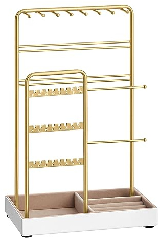 SONGMICS Necklace Holder, Jewelry Stand Holder Organizer, Jewelry Display with Metal Frame, Velvet Tray, Earring Bracelet Holder, for Gift Idea, 4.5 x 7.7 x 12.1 inch, Pale Gold UJJS021A01
