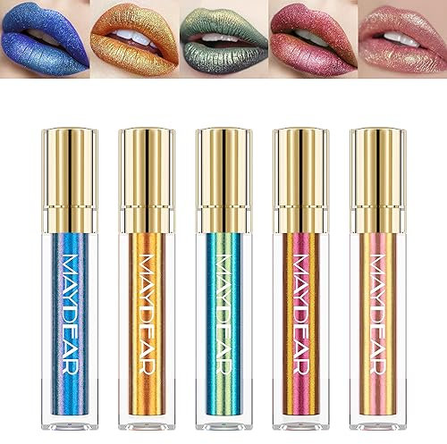 Maydear Chamäleon-Lippenstift-Set, 5 Farben, langlebig, wasserdicht, bunt, Diamant-Schimmer, Lipgloss, für Damen, Make-up-Set