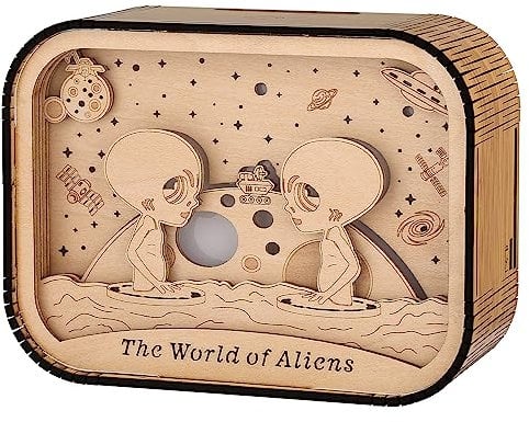 The World of Aliens Themed Wooden Ornament Lamp, 3D Souvenir Gifts for Women Men, Laser Cut Woodcraft, Desktop Wooden Ornaments for Home Office Decor, One Button Switch, Gift for Sci-Fi Fans