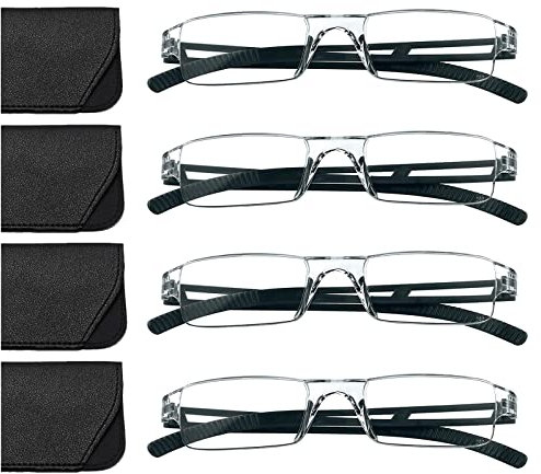 Hubeye 4er-Pack Rahmenlose Lesebrille schwarze Leicht und Bequem Anti Blaulicht Lesehilfe für Damen Herren mit Brillenholster 1.50