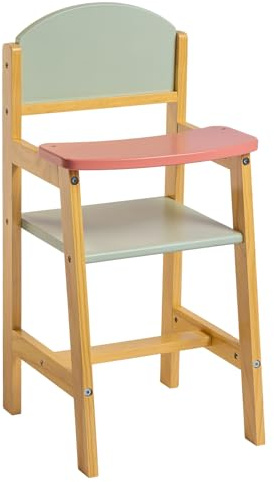 JC Toys - Wooden high chair, for dolls up to 45 cm, ideal for play and fun, integrated tray, multicoloured, pastel colours, 3 years