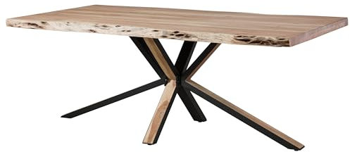 MASSIVMOEBEL24.DE | Freeform Esstisch aus Massivholz #0112 | Akazienholz - beige, lackiert | 220x100x77 | Beine aus Metall und massiver Akazie | Massivholztisch Baumkanten Esstisch
