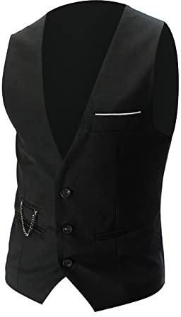 UnoSheng Chaleco de Traje Negro Para Hombre Con Cuello en V, Botones, Ajuste Ajustado, Bolsillo en el Pecho, Sin Mangas, Moda Informal y de Trabajo