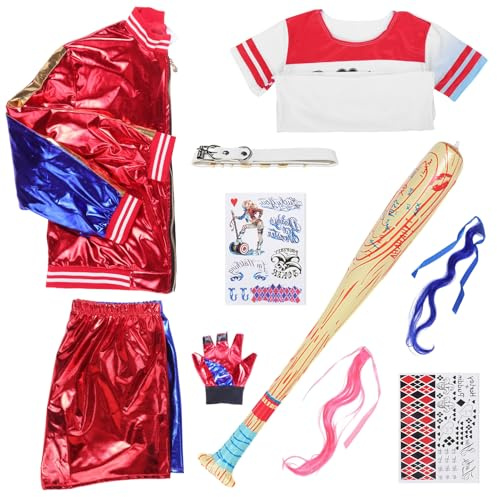 Alaiyaky Kostüm Set, Faschingskostüme Damen Harley Kostüm mit Jacke T-Shirt Shorts Handschuh Perücke Netzstrümpfe Ballon Tatto, Joker Kostüm Damen für Karneval Halloween