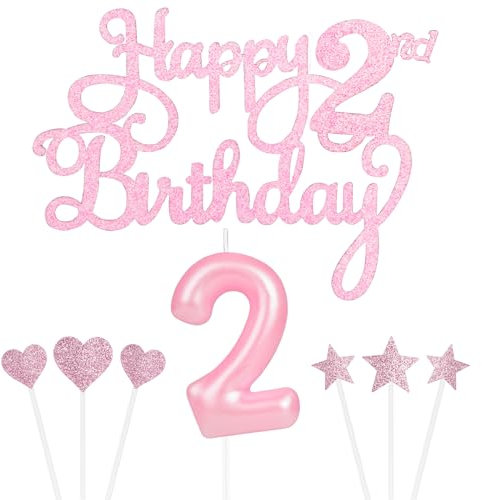 Personalised Pink Happy 2nd Birthday Cake Topper with Pink Number 2 Birthday Candles Pink Star Heart Cupcake Toppers Cake Decorations Set for Her Him Girls 2 Birthday Anniversary Decorations (Set 8)