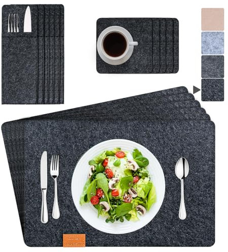 ARTAND Platzsets Abwaschbar Filz Tischsets Ausschließlich Vegane Platzdeckchen mit Untersetzer Bestecktasche - 6er Set, 05 Filz Anthrazit
