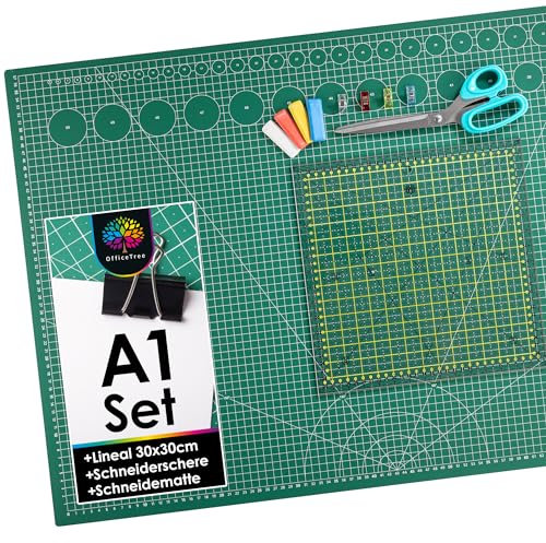 OfficeTree Schneidematte Set A1 90x60 + Schneiderschere + Patchwork Lineal 30x30 cm - Schneidematte A1 Selbstheilend - Schneiderlineal Schneiderunterlage und Stoffschere Set - Schneidunterlage nähen