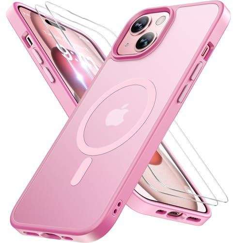 Miracase Magnetisch für iPhone 15 Hülle Kompatibel Mit MagSafe[mit 2 Schutzglas] Militärnorm Schutz Anti-Fingerabdruck Schlanke Ausführung Handyhülle für iPhone 15 6,1 Zoll, Matt-Rosa