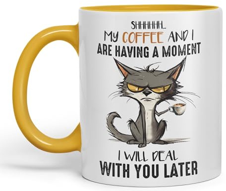 Vixar Keramiktasse mit Aufschrift My Coffee and I are Having a Moment, I Will Deal with You Later Cat, Sarkastischer Witz, für Tee, Kaffee, Heißgebrüht, 330 ml, G Gelb