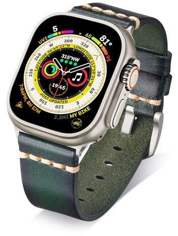 BINLUN Leather Strap Compatible with Apple Watch 38mm 40mm 41mm 42mm 44mm 45mm 46mm 49mm Handmade Retro Band Compatible with iWatch Series 10 9 8 7 6 5 4 3 2 1 SE SE2 Ultra Ultra2, 49mm, Green