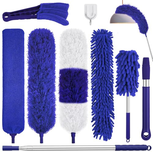 Dusters for Cleaning,9Pcs Feather Duster with Extension Pole Up to 100'',Extendable Bendable Washable Long Feather Duster for Cleaning Ceiling Chandelier,High Ceiling,Furniture(Blue)