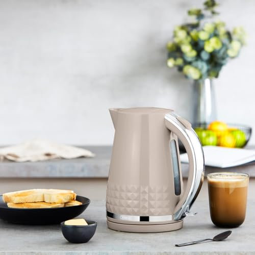New Modern DesignTower Solitaire Kettle with 360° Swivel Base Cord Storage 1.5L 3KW Plastic Body with Diamond Shape Decoration Cord Storage For a Tidy Countertop (Latte)