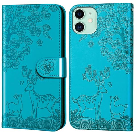 Nbziyoo Phone Case for iPhone 12, Embossed Deer Floral Animal Flip Wallet Case with Card Slots, Premium Magnetic Protective PU Leather Cover Case for iPhone 12 Pro.Blue