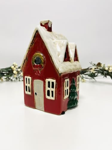 Tealight Candle Holder Housewarming Gift Cottage Ceramic Village Pottery House Ornament (Christmas Cabin (23cms))