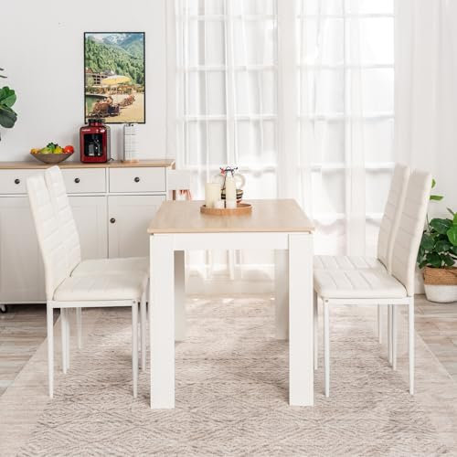 FURNITABLE Esstisch mit 4 Stühlen Esszimmergruppe, Essgruppe mit Hochlehner Kunstleder Stuhl für 4 Personen, Sitzgruppe für Küche Wohnzimmer(120cm Eiche-Weiß Tischbein Tisch+4 Weiß Stühle)