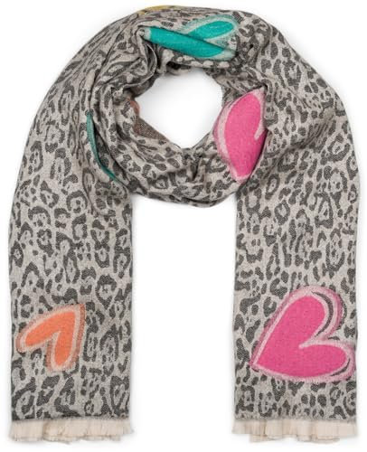 styleBREAKER Damen Schal mit Leopardenmuster und Herz-Stickerei - Weicher, warmer und luxuriöser Schal mit Fransen 01017164, Farbe:Schwarz