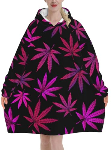 Übergroßer Tragbarer Kapuzenpullover Für Damen, Flanell-Pulloverdecke, Decken-Sweatshirt Cannabis Weed Marihuana Lila Schwarz