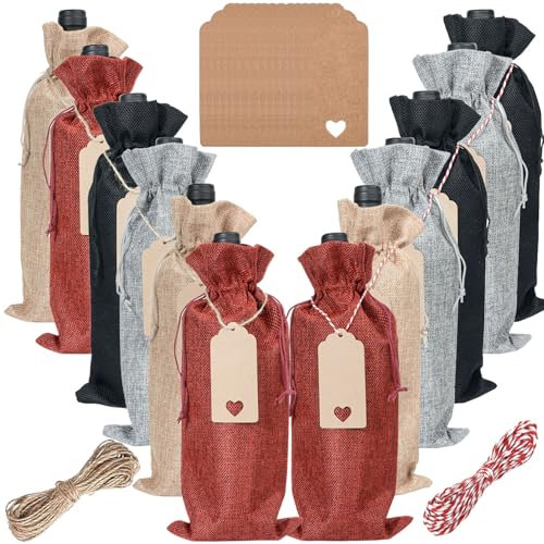 KICPUK 12 Pcs Reusable Wine Gift Bags,Wine Bottle Bag,Drawstring Gift Bags,2pcs 10m Packing Rope + 12pcs Label Tags,Suitable for Parties,Weddings,Birthdays,Festivals,Gift Giving