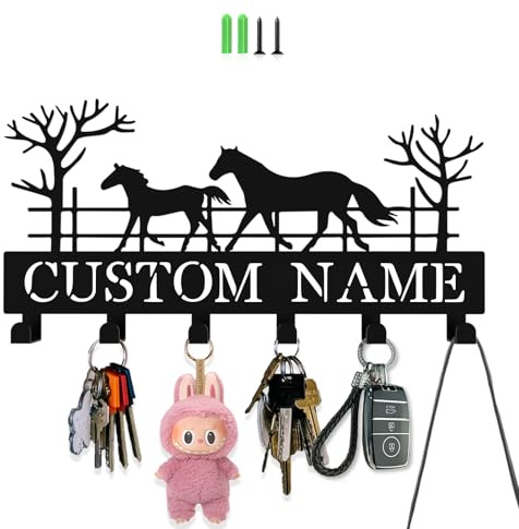 ShowMtheM Personalisierte Schlüsselhaken für die Wand, individueller Name, Galoppierendes Pferd, Schlüsselhalter, Wandmontage, modische Garderobe, Metall-Schlüsselhalter mit Haken, Schlüsselbrett für