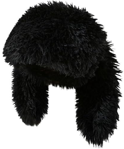 JDYaoYing Y2K Plüschmütze für Damen, flauschig, niedliche Beanie, Hasenohren, flauschige Mütze, Totenkopfmütze, Winter, warme Mütze, Weihnachten, Halloween, Schwarz