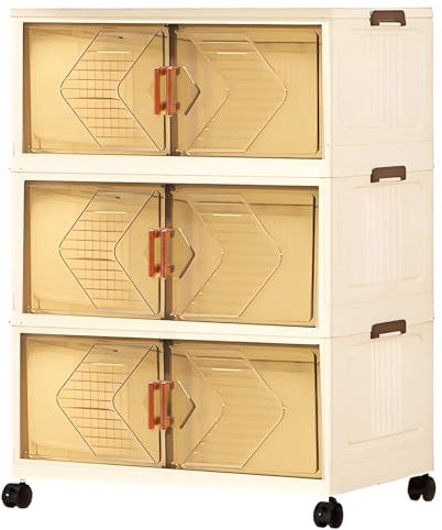 GEMMAHW Plastic Storage Boxes with Lids, 3 Tier Stackable Storage Tower with Front Opening Doors, Large Collapsible Storage Bin on Wheels for Home, Office, Bedroom, Kitchen, 56L / Tier