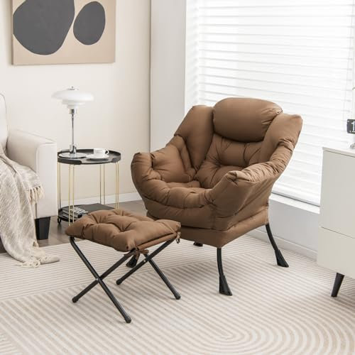 RELAX4LIFE Fauteuil de Salon avec Repose-Pied, Fauteuil Relax Confortable en PE avec Poche Latérale-Appui-tête-Patins Antidérapants pour Chambre Salon Bureau,Marron
