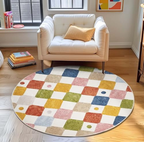 TOPICK Runder Teppich Wohnzimmer Waschbar Kurzflor Weich Modern Rauten Teppich Geometrischer Antibakterieller Faltbar rutschfest Schlafzimmer Kinderzimmer Wohnzimmer Badezimmer 120cm Rund Bunt