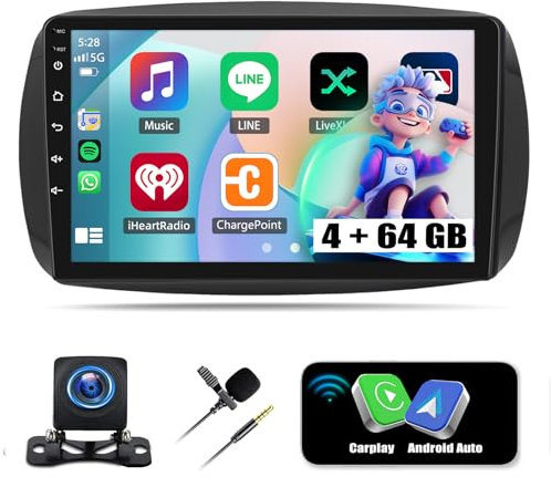 4G+64G Carplay Autoradio per Mercedes Benz Smart Forfour Fortwo 453 2014-2022,Android 13 Schermo da 9 Pollici Stereo con Android Auto Bluetooth GPS WiFi FM/RDS HiFi +Telecamera Posteriore