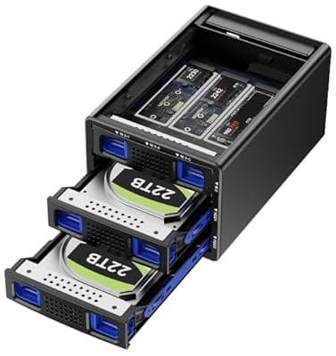 Boîtier NVMe Hybride 2*3.5 HDD+3*M.2 avec Ventilateur pour 2.5/3.5 SATA HDD/SSD, Boîtier Raid USB3.2 Gen2 10Gbps supportant 2230/42/60/80/110 SSD avec Capacité de 68TB (2*22TB HDD+3*8TB M.2)