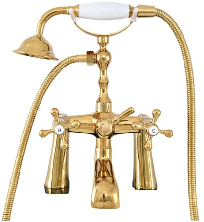 SWHC Badewannenarmatur mit Handbrause, Gold Mischbatterie Badewanne 180° Drehung Wannenrand Wasserhahn Badewanne Dusche Messing Doppelter Kreuzgriff Wannenarmatur Armatur Badewanne
