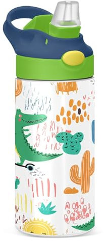 Sevdomey Bouteille d'eau ludique en forme de crocodiles pour enfants avec paille pour filles et garçons, isolation en acier inoxydable étanche 350 ml pour école, crèche, voyage, sport